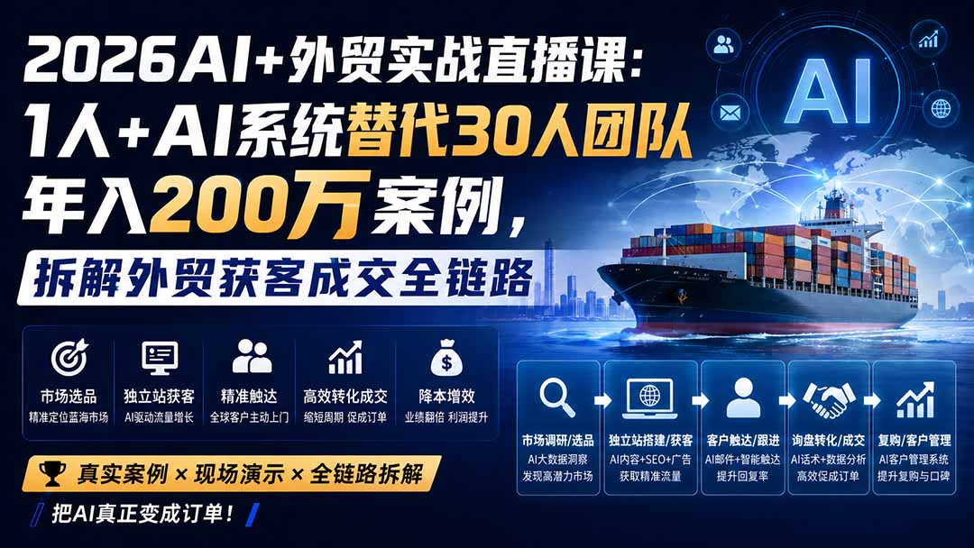 2026AI+外贸实战直播课：1人+AI系统替代30人团队年入200万案例，拆解外贸获客成交全链路-智点网