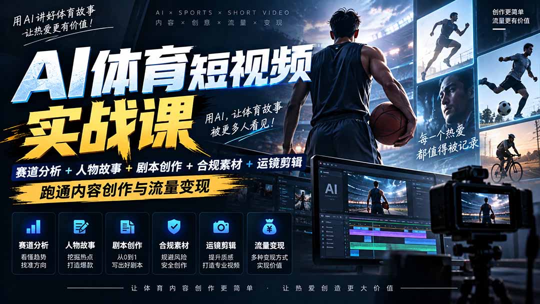 AI体育短视频赛道顶级玩法｜赛道分析+人物故事+剧本创作+版权处理+运镜剪辑，跑通流量变现-日赚1K+-智点网