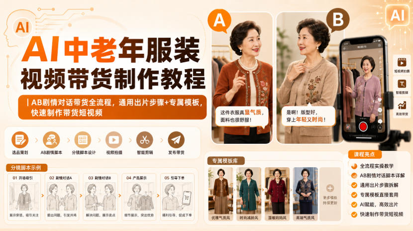 AI中老年服装视频带货制作教程｜AB剧情对话带货全流程，通用出片步骤+专属模板，快速制作带货短视频-智点网