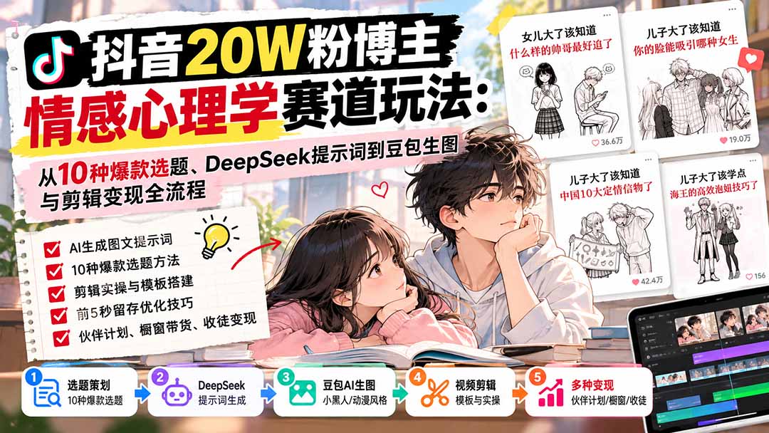 抖音20W粉博主-情感心理学赛道玩法：从10种爆款选题、DeepSeek提示词到豆包生图与剪辑变现全流程-智点网