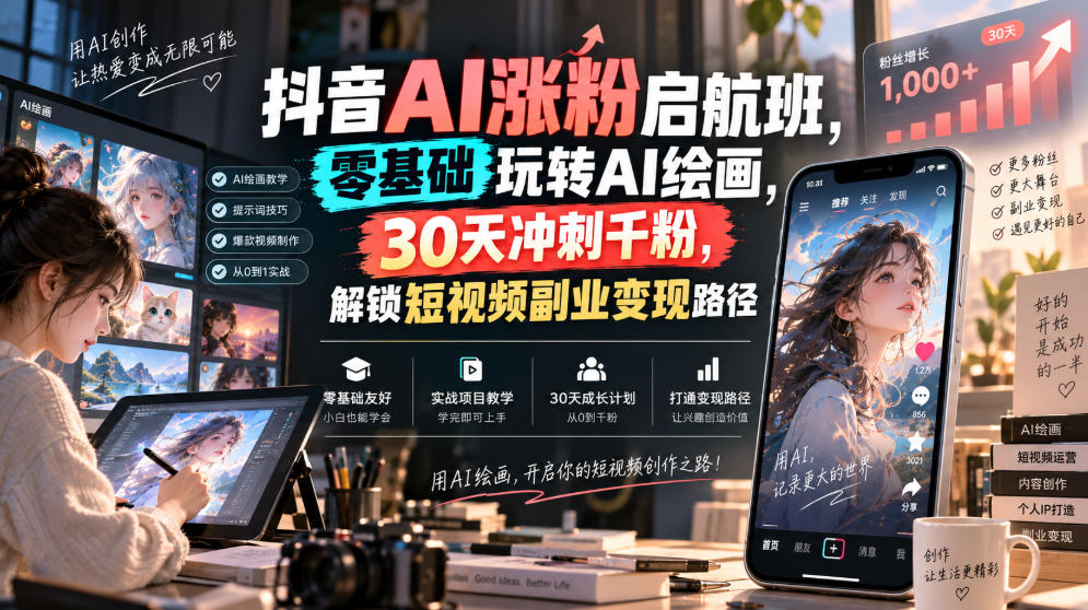 抖音AI涨粉启航班，零基础玩转AI绘画，30天冲刺千粉，解锁短视频副业变现路径-智点网