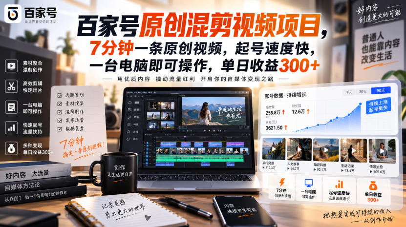 百家号原创混剪视频项目，7分钟一条原创视频，起号速度快，一台电脑即可操作，单日收益300+-智点网