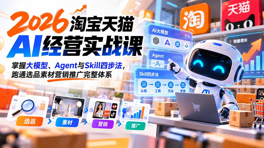 【无水印】2026淘宝天猫AI经营实战课：掌握大模型、Agent与Skill四步法，跑通选品素材营销推广完整体系-智点网