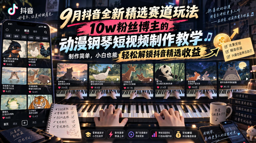 9月抖音全新精选赛道玩法，10w粉丝博主的动漫钢琴短视频制作教学，制作简单，小白也能轻松解锁抖音精选收益-智点网