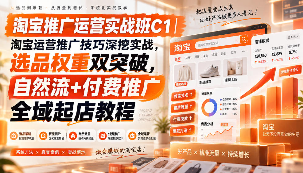 淘宝推广运营实战班C1｜淘宝运营推广技巧深挖实战，选品权重双突破，自然流+付费推广全域起店教程-智点网