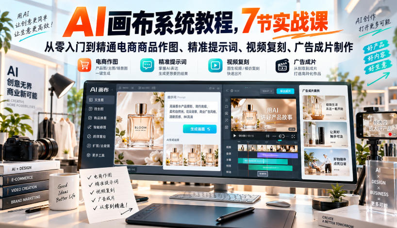 AI画布系统教程，7节实战课从零入门到精通电商商品作图、精准提示词、视频复刻、广告成片制作-智点网