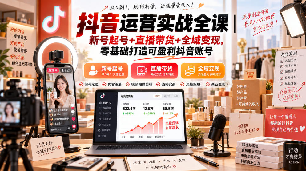抖音运营实战全课｜新号起号+直播带货+全域变现，零基础打造可盈利抖音账号-智点网