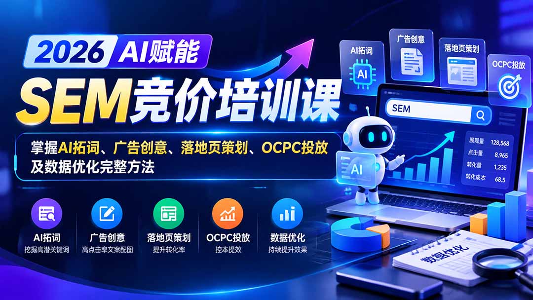 【无水印】2026AI赋能SEM竞价培训课：掌握AI拓词、广告创意、落地页策划、OCPC投放及数据优化完整方法-智点网