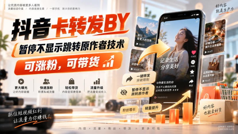 抖音卡转发搬运，暂停不显示跳转原作者技术，可涨粉，可带货-智点网