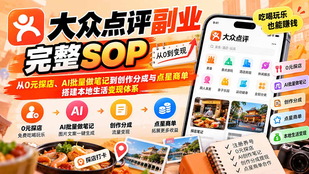 【无水印】大众点评副业完整SOP：从0元探店、AI批量做笔记到创作分成与点星商单，搭建本地生活变现体系-智点网