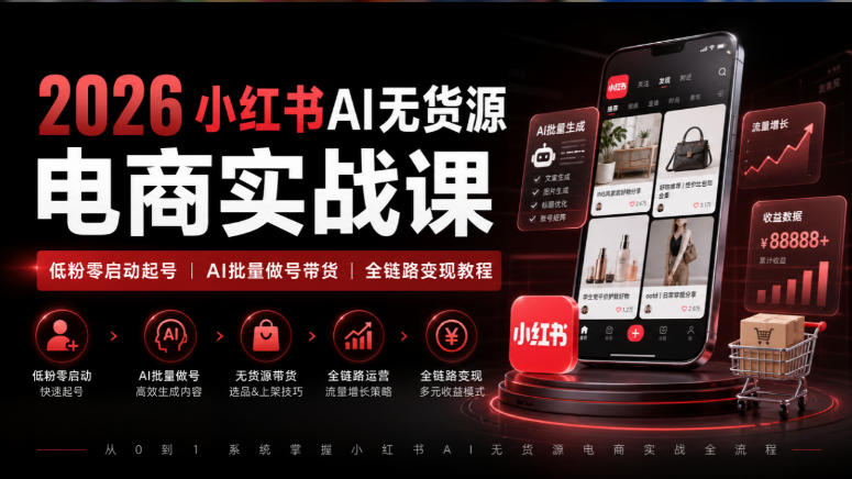 2026小红书AI无货源电商实战课｜低粉零启动起号｜AI批量做号带货全链路变现教程-智点网