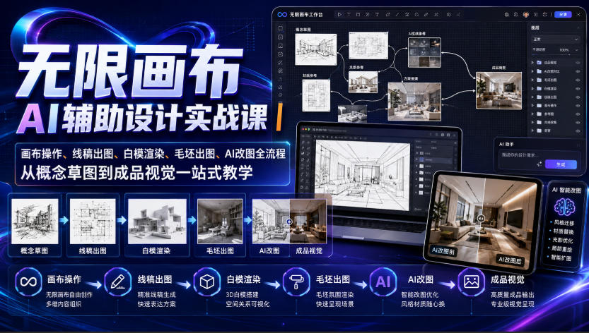 无限画布AI辅助设计实战课｜画布操作、线稿出图、白模渲染、毛坯出图、AI改图全流程，从概念草图到成品视觉一站式教学(更新0923)-智点网