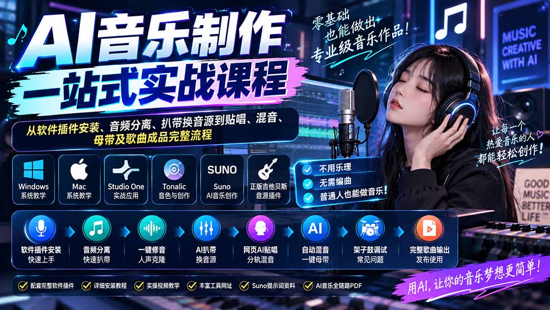 AI音乐制作一站式实战课程：从软件插件安装、音频分离、扒带换音源到贴唱、混音、母带及歌曲成品完整流程-智点网
