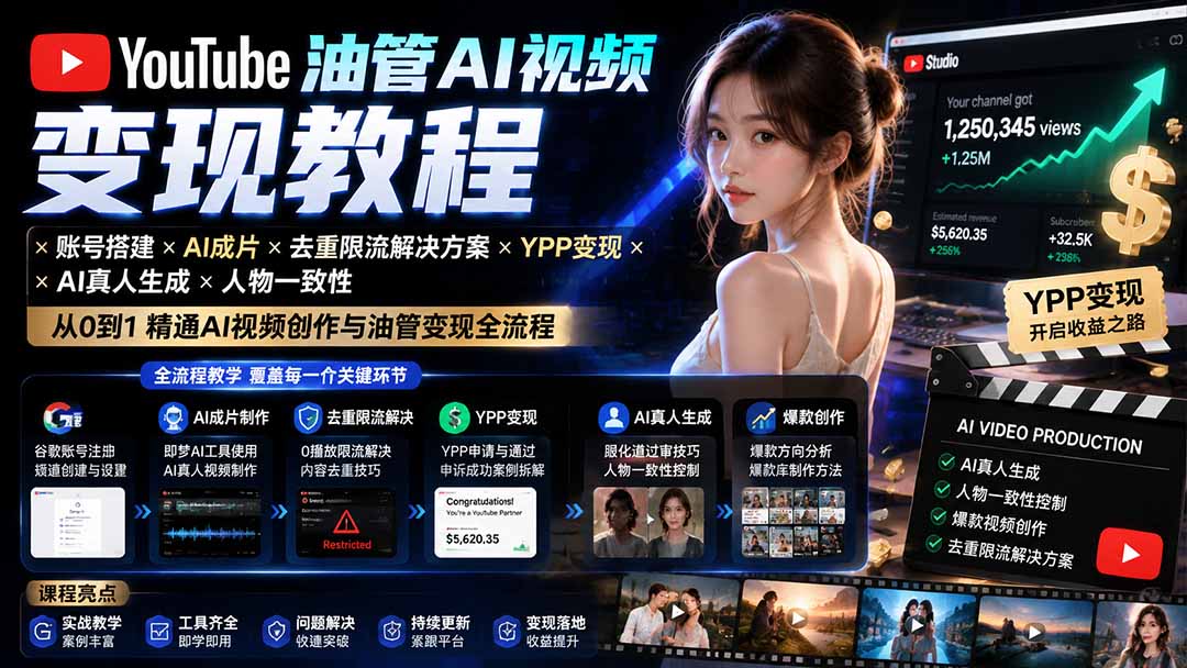 YouTube油管AI视频变现教程-更新0926：账号搭建×AI成片×去重限流解决方案×YPP变现×AI真人生成×人物一致性-智点网