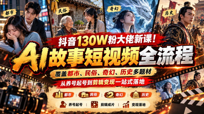 抖音130W粉大佬新课！AI故事短视频全流程，覆盖都市、民俗、奇幻、历史多题材，从养号起号到剪辑变现一站式落地-智点网