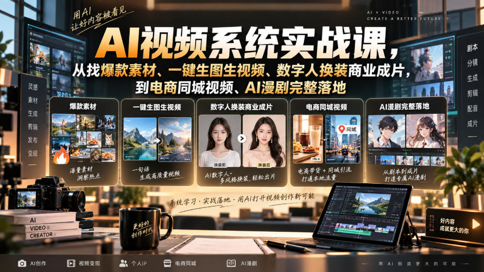 AI视频系统实战课，从找爆款素材、一键生图生视频、数字人换装商业成片，到电商同城视频、AI漫剧完整落地-智点网