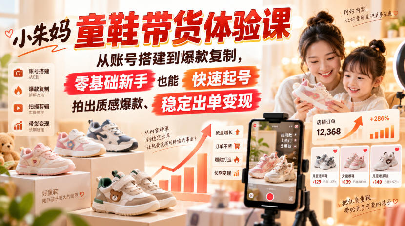小朱妈童鞋带货体验课，从账号搭建到爆款复制，零基础新手也能快速起号、拍出质感爆款、稳定出单变现-智点网