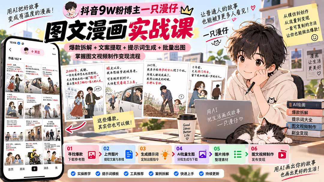 抖音9W粉博主一只漫仔图文漫画课：爆款拆解+文案提取+提示词生成+批量出图，掌握图文视频制作变现流程-智点网