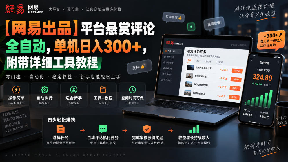 【网易出品】平台悬赏评论全自动，单机日入300+，附带详细工具教程【揭秘】-智点网