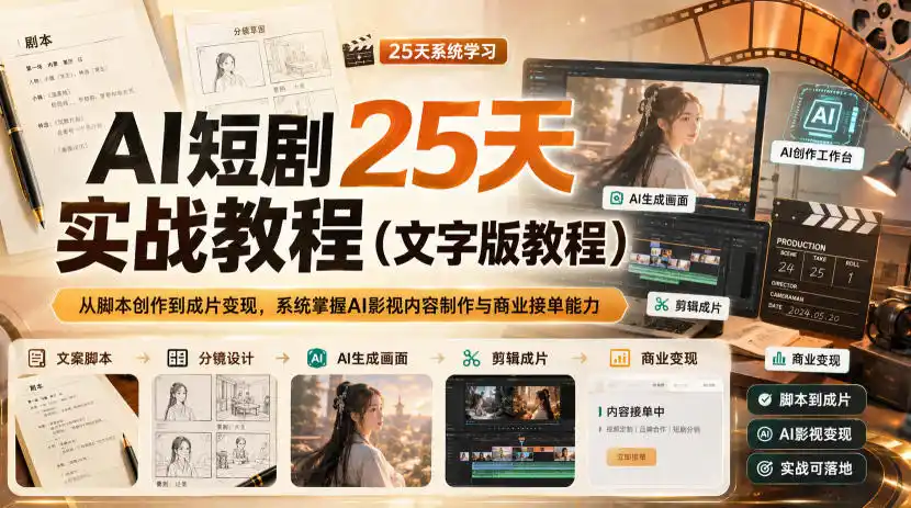 AI短剧25天实战教程(文字版教程)，从脚本创作到成片变现，系统掌握AI影视内容制作与商业接单能力-智点网