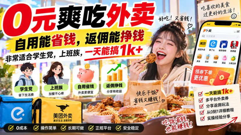 0元爽吃外卖，自用能省钱，返佣能挣钱，非常适合学生党，上班族，一天能搞1k+-智点网