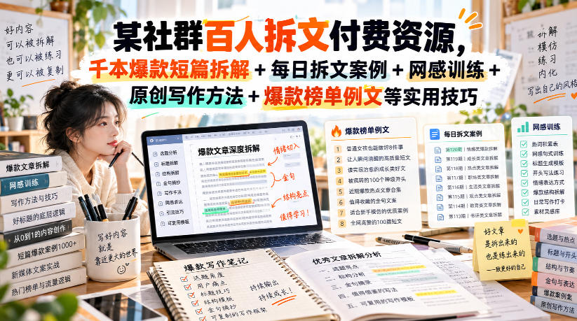 某社群百人拆文付费资源，千本爆款短篇拆解+每日拆文案例+网感训练+原创写作方法+爆款榜单例文等实用技巧(持续更新)-智点网