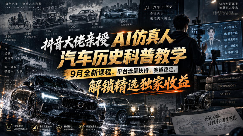 抖音大佬亲授AI仿真人汽车历史科普教学，9月全新课程，平台流量扶持，赛道稳定，解锁精选独家收益-智点网