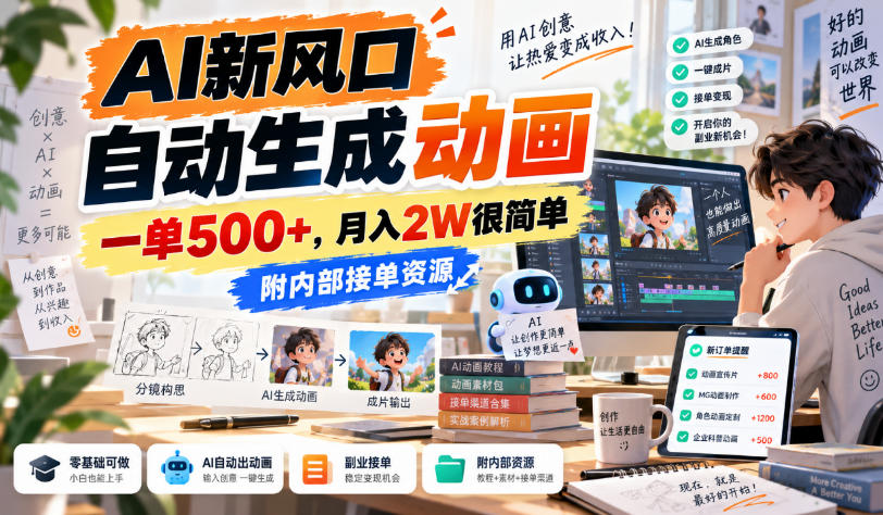 AI新风口，自动生成动画，一单500+，月入2W很简单，附内部接单资源【揭秘】-智点网