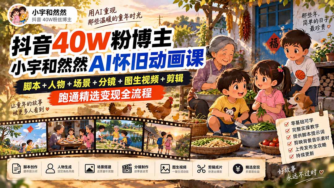抖音40W粉博主小宇和然然AI怀旧动画课｜脚本+人物+场景+分镜+图生视频+剪辑，跑通精选变现全流程-智点网