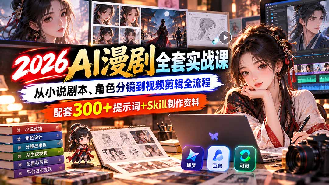 【无水印】2026AI漫剧全套实战课：从小说剧本、角色分镜到视频剪辑全流程，配套300+提示词+Skill制作资料-智点网