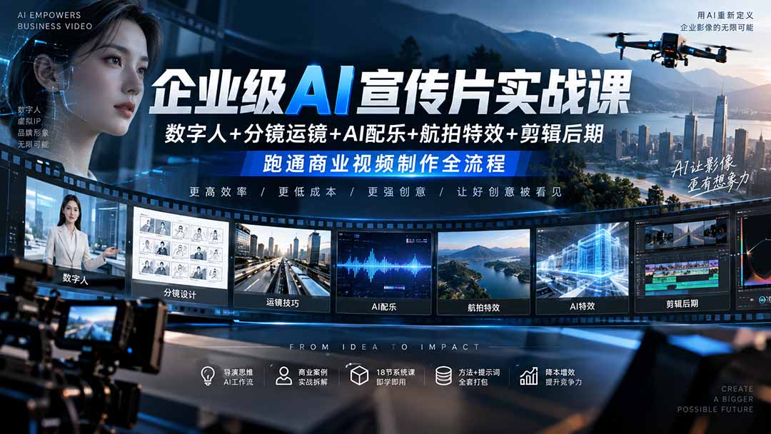 企业级AI宣传片实战课｜数字人+分镜运镜+AI配乐+航拍特效+剪辑后期，跑通商业视频制作全流程-智点网