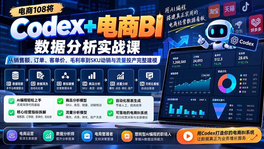 Codex+电商BI数据分析实战课-更新：从销售额、订单、客单价、毛利率到SKU动销与流量投产完整建模-智点网