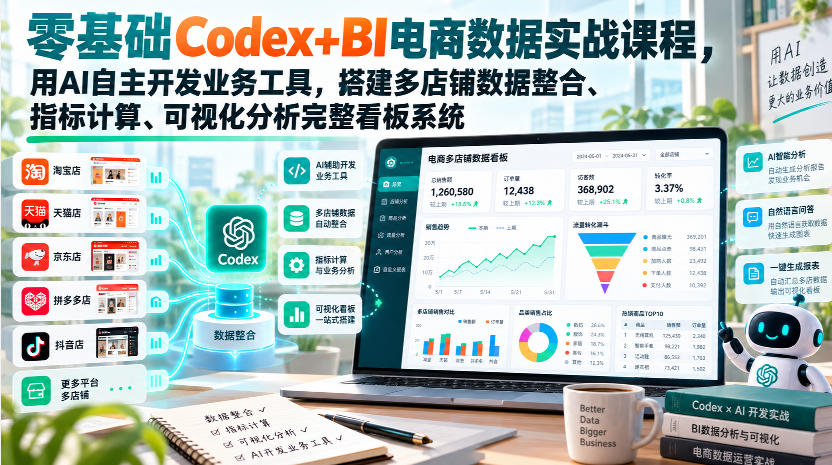 零基础Codex+BI电商数据实战课程，用AI自主开发业务工具，搭建多店铺数据整合、指标计算、可视化分析完整看板系统-智点网