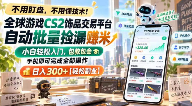 全球游戏CS2饰品交易平台自动批量捡漏賺米，小白轻松入门，包教包会，手机即可完成全部操作，日入300+【揭秘】-智点网