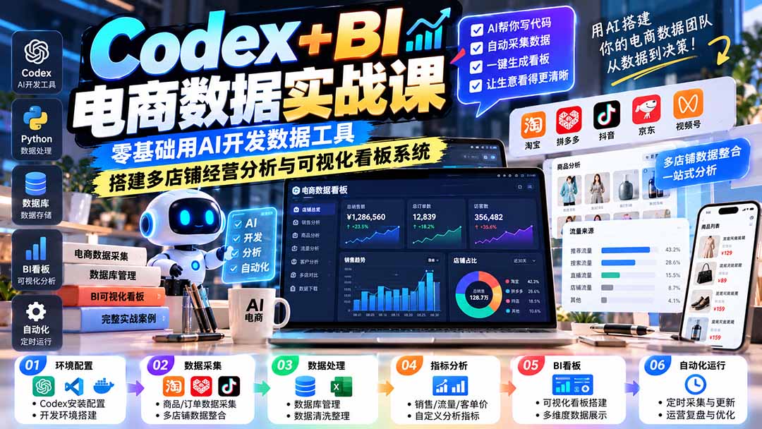 Codex+BI电商数据实战课：零基础用AI开发数据工具，搭建多店铺经营分析与可视化看板系统-智点网