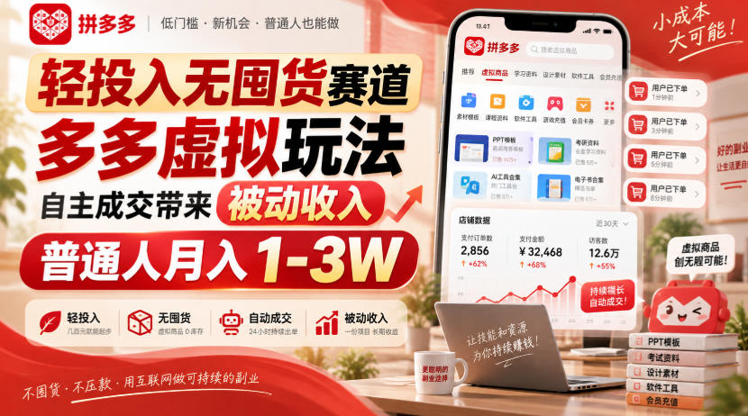 轻投入无囤货赛道，多多虚拟玩法自主成交带来被动收入，普通人月入1-3W-智点网