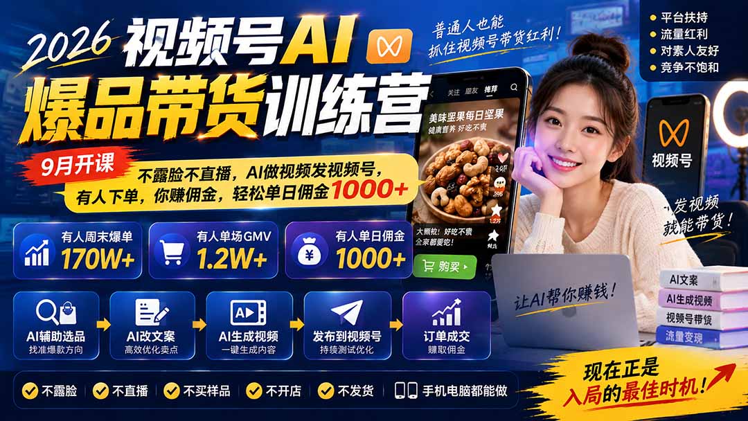 2026视频号AI爆品带货训练营-9月开课｜不露脸不直播，AI做视频发视频号，有人下单，你赚佣金，轻松单日佣金1000+-智点网