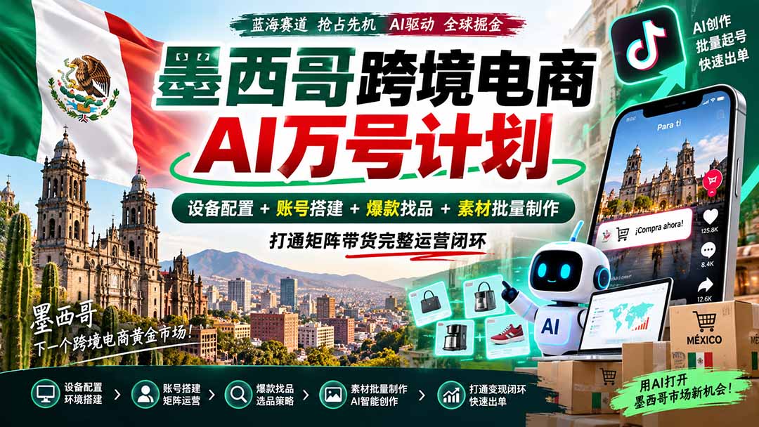 墨西哥AI跨境电商万号计划｜设备配置+账号搭建+爆款找品+素材批量制作，打通矩阵带货完整运营闭环-智点网