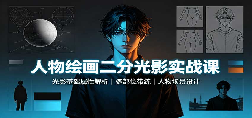 人物绘画二分光影实战课：光影基础属性解析，多部位带练，人物场景设计-智点网