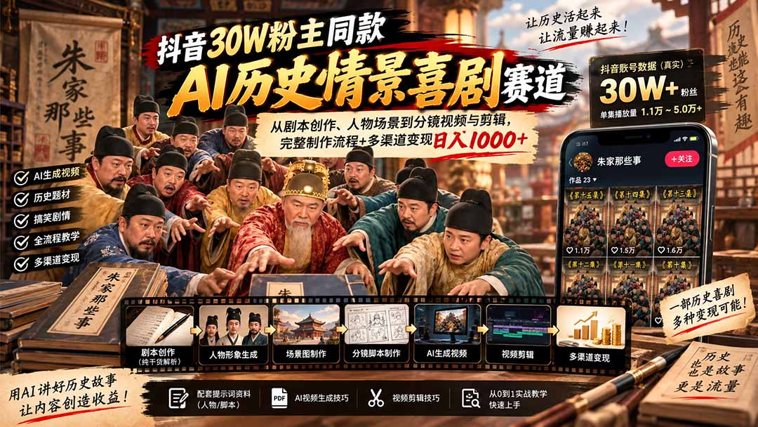 抖音30W粉博主同款AI历史情景喜剧赛道：从剧本创作、人物场景到分镜视频与剪辑，完整制作流程+多渠道变现日入1000+-智点网