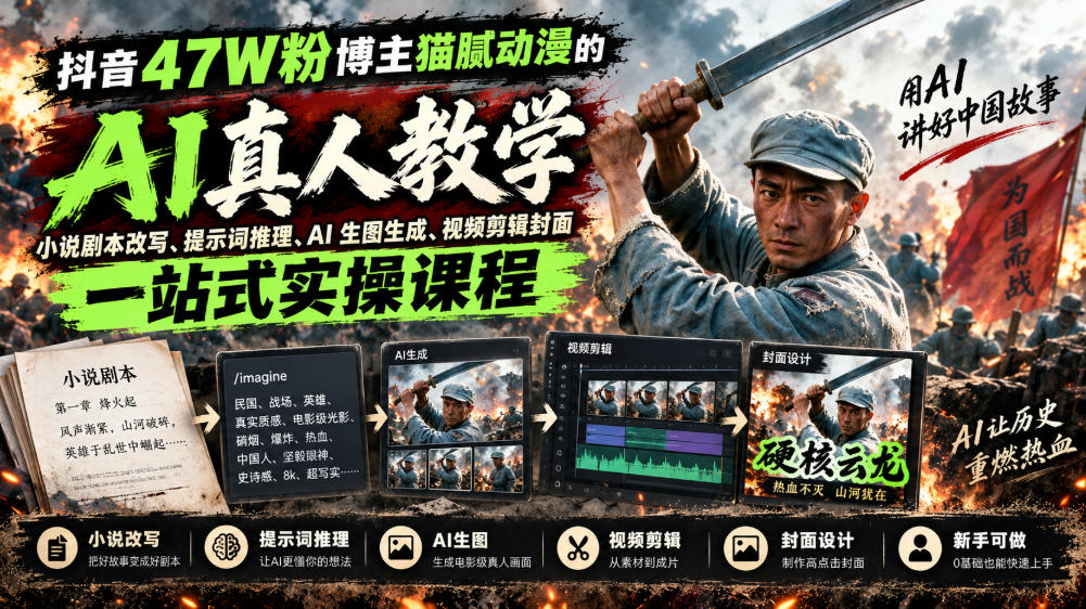 抖音47W粉博主猫腻动漫的AI真人漫剧教学，小说剧本改写、提示词推理、AI生图生成、视频剪辑封面一站式实操课程-智点网
