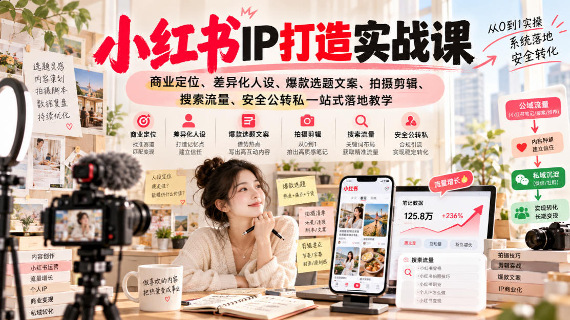 小红书ip打造实战课，商业定位、差异化人设、爆款选题文案、拍摄剪辑、搜索流量、安全公转私一站式落地教学-智点网