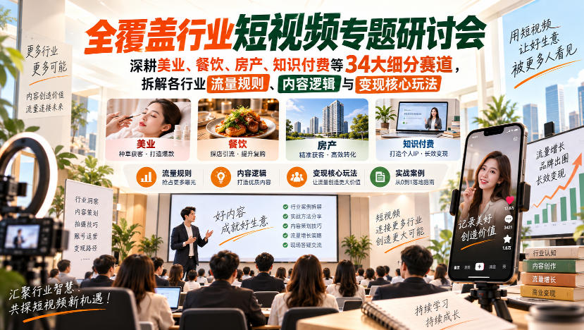 短视频专题研讨会，深耕美业、餐饮、房产、知识付费等34大细分赛道，拆解各行业流量规则、内容逻辑与变现核心玩法-智点网