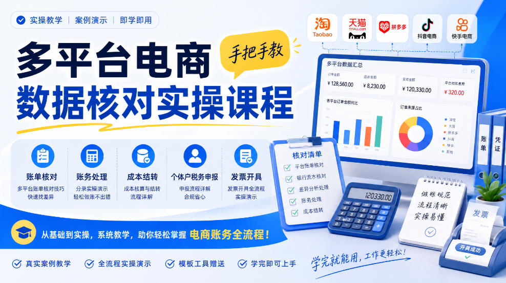 多平台电商数据核对实操课程，手把手教账单核对、账务处理、成本结转、个体户税务申报与发票开具-智点网
