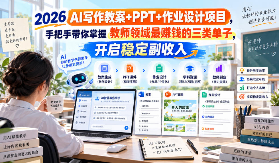 2026 AI写作教案+PPT+作业设计项目，手把手带你掌握教师领域最賺钱的三类单子，开启稳定副收入-智点网