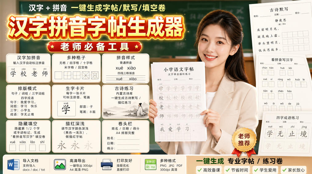 学习神器，汉字拼音字帖生成器，汉字+拼音 一键生成字帖/默写/填空卷，支持词组、成语，老师、家长必备-智点网