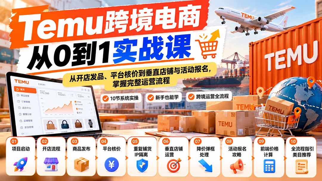 【无水印】Temu跨境电商从0到1实战课：从开店发品、平台核价到垂直店铺与活动报名，掌握完整运营流程-智点网