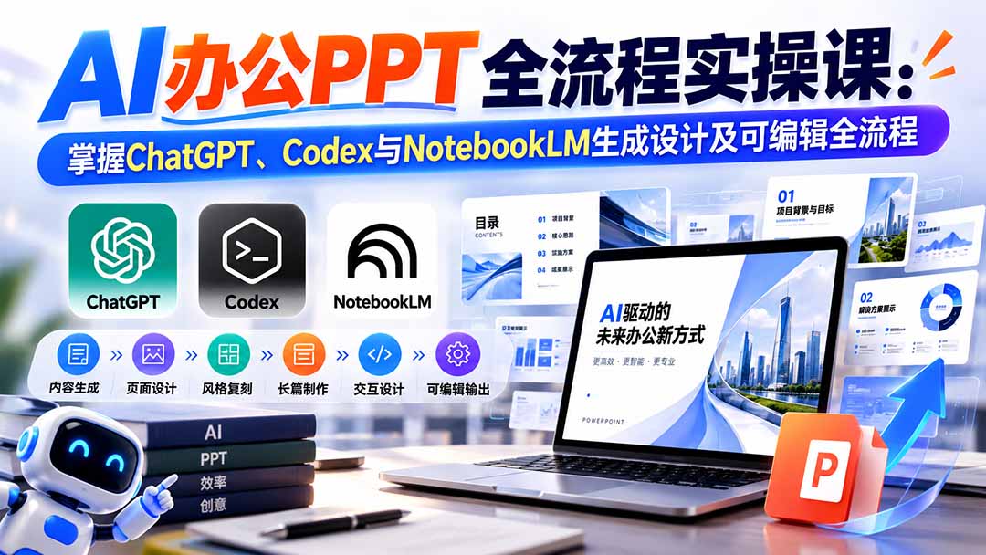 【无水印】AI办公PPT全流程实操课： 掌握ChatGPT、Codex与NotebookLM生成设计及可编辑全流程-智点网