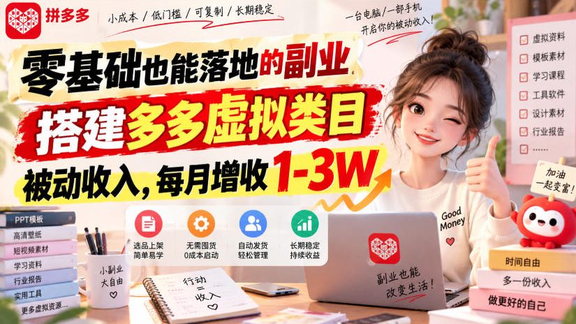 零基础也能落地的副业，搭建多多虚拟类目被动收入，每月增收1-3W【揭秘】-智点网
