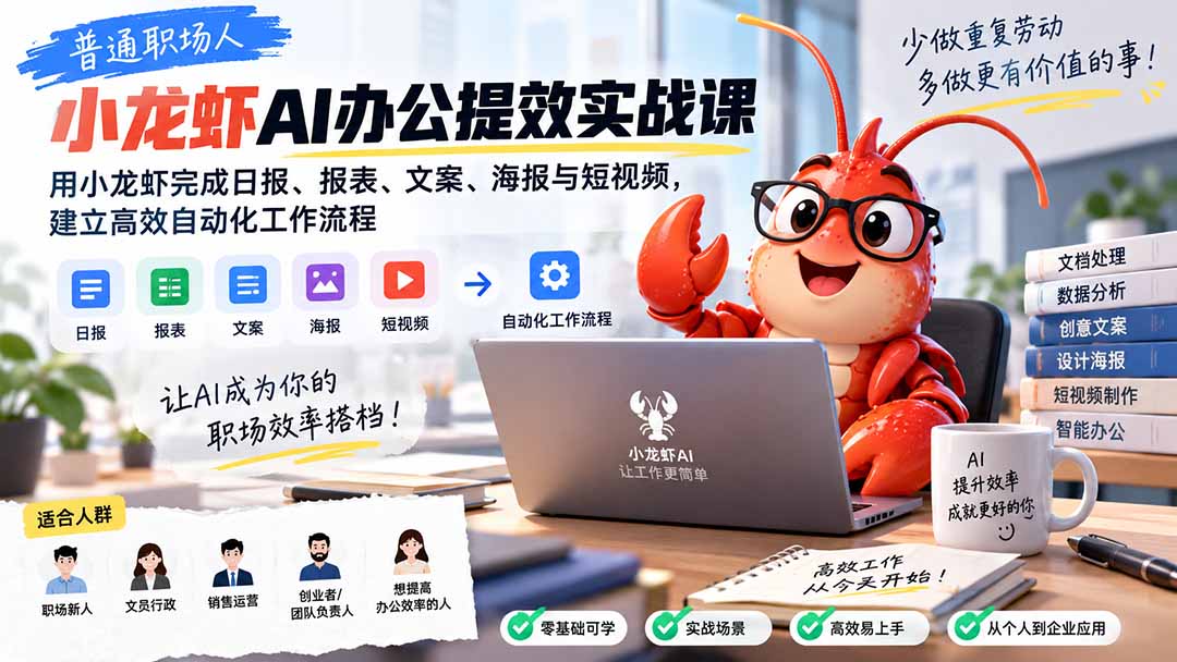 普通职场人AI办公提效实战课：用小龙虾完成日报、报表、文案、海报与短视频，建立高效自动化工作流程-智点网